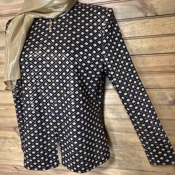 St. John Evening Black Gold Knit Jacket Zip Paillettes Rhinestone W/Scarf Sz 2 - Picture 6 of 15